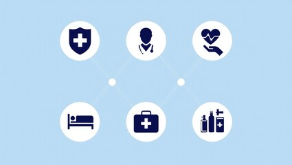 Naklejka premium Health insurance and medical care concept. A set of wooden blocks displaying health-related icons, medical care, health insurance, and medication. healthcare services, protection, insurance coverage,