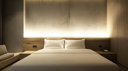 Urban hotel room with concrete walls, minimalist design, and LED lighting accents