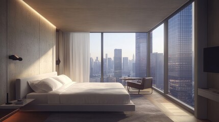 Urban hotel room with concrete walls, minimalist design, and LED lighting accents