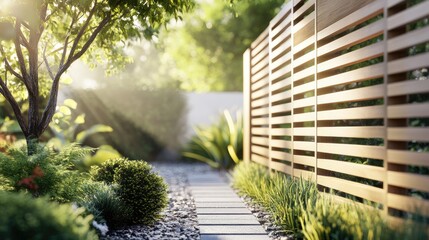Fototapeta premium Corner view of garden fence with staggered horizontal wooden slats