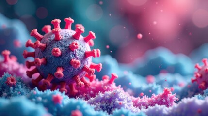 Microscopic Viral Particle Close-up  A Detailed Visual Representation of a Pathogen's Surface Structure and its Interaction with a Cellular Environment