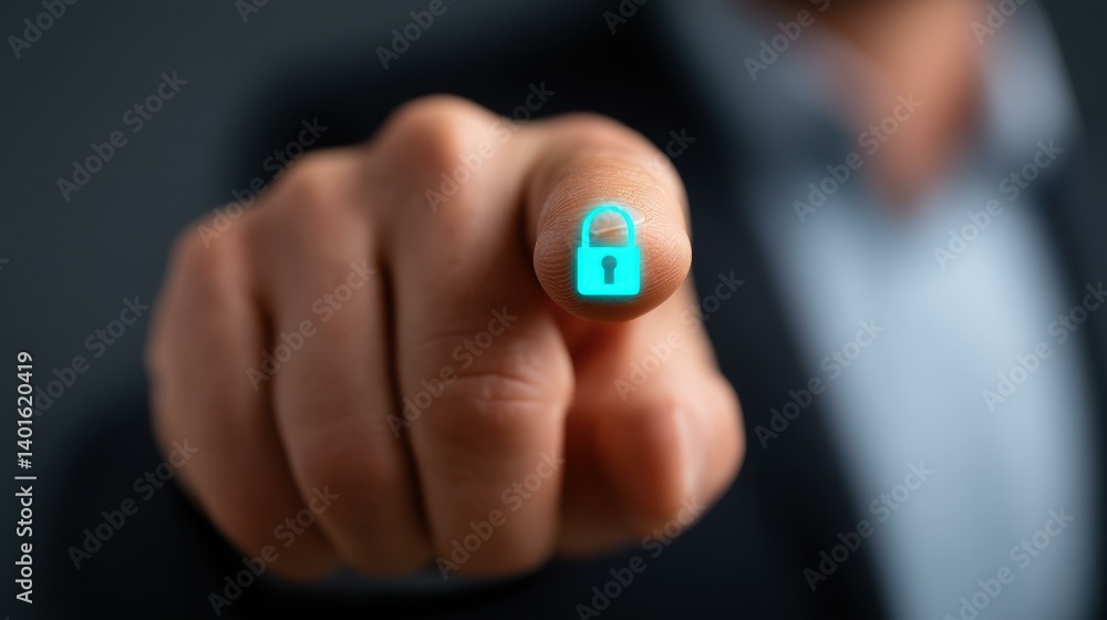 Poster a businessman interacts with a virtual access control screen, emphasizing the importance of biometri