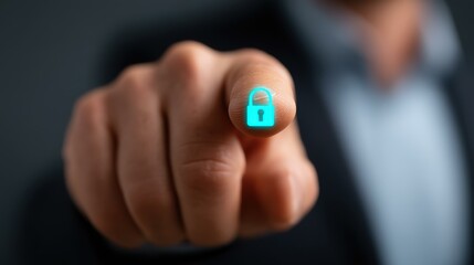 A businessman interacts with a virtual access control screen, emphasizing the importance of biometric cybersecurity for data safety.