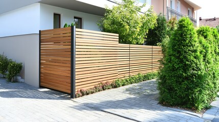 Decorative privacy fence with wood slats in alternating diagonal layout