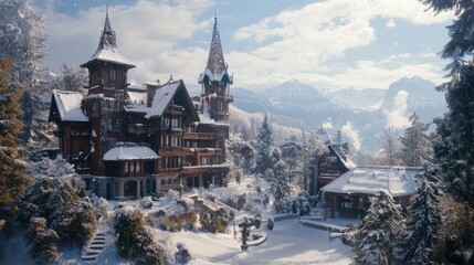 Winter resort hotel with chalet-style wooden exterior and snow-covered rooftops