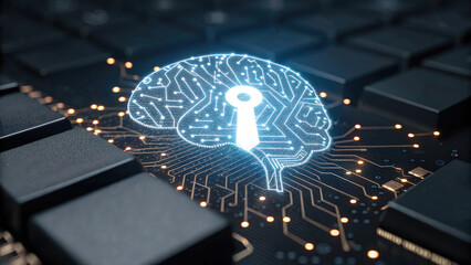 Cybersecurity Artificial Intelligence  Data Protection concept, Digital brain with key symbol over keyboard, representing cybersecurity and technology.