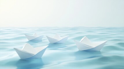 Paper boats glide serenely on a pale blue fabric sea, capturing the essence of poetic minimalism in a tranquil setting