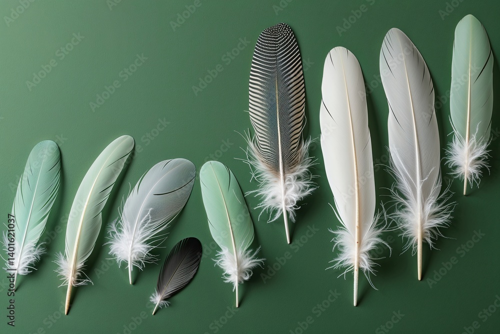 Poster elegant green background with graceful feathers floating in a line