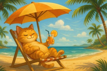Relaxed Cat Enjoying a Cocktail Under a Beach Umbrella  