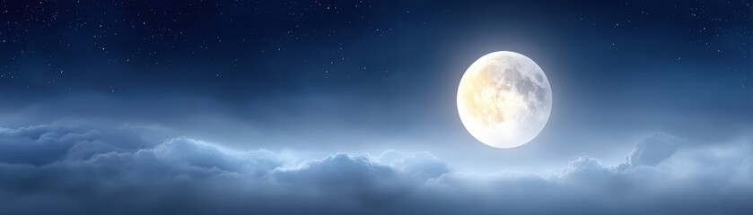 A serene night sky featuring a bright full moon surrounded by soft clouds and twinkling stars.