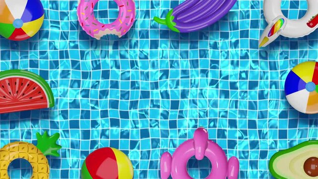 animated background with pool water and inflatables. summer animation with swimming pool and floating inflatables