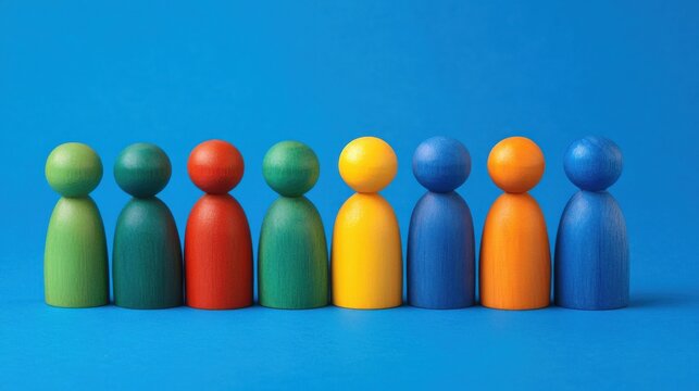 Colorful Wooden Figures Representing Diversity and Inclusion in a Row