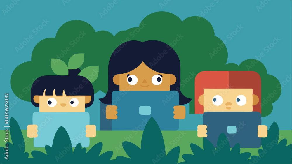 Poster hideandseek with devices a scene where children are playing a game of hideandseek but instead of hid