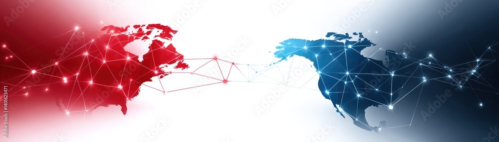 Poster a digital representation of north america connected by a network of lines, showcasing a blend of red
