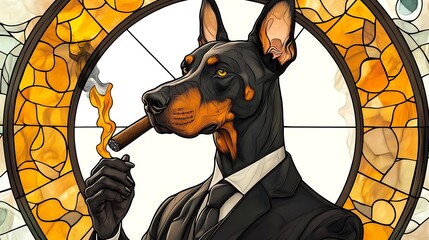 Fantasy doberman in suit with artistic stained glass frame