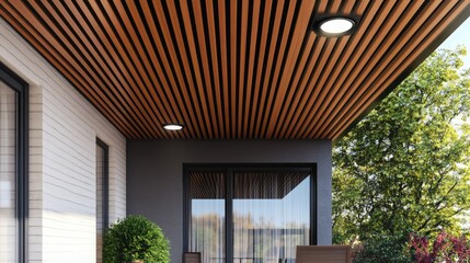 Slatted ceiling continuing outside to unify indoor and outdoor design flow