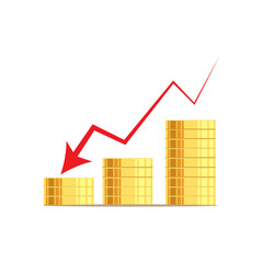 Illustration of the concept of financial decline with gold coins and a downward graph. Financial loss concept.