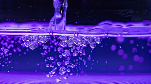 Close up of potassium permanganate crystals dissolving water glowing in vibrant purple