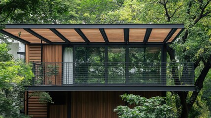 Fototapeta premium Synthetic wood slat structure on upper floor balcony for shade and light control