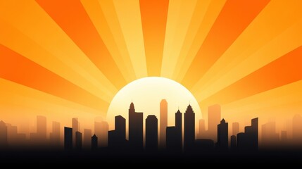 A vibrant sunset silhouette of a city skyline, with bold orange rays radiating from the sun, creating a striking visual contrast against the dark buildings.