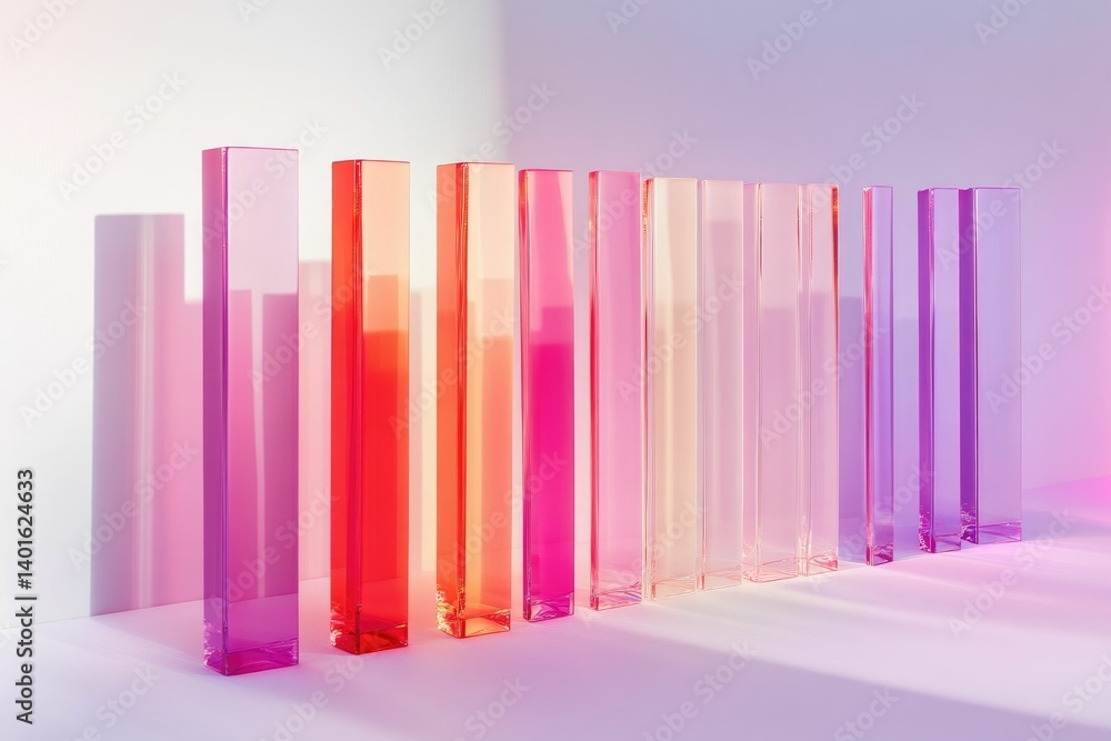 Poster abstract gradient colored glass objects arranged in a row on surface