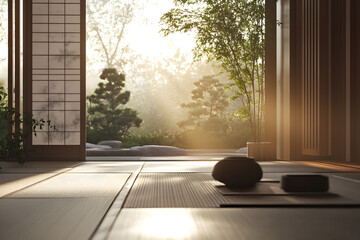 Serene Minimalist Japanese Tea House with Tatami and Bonsai Tranquility