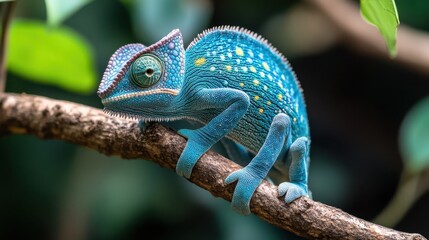 Fototapeta premium A vibrant blue chameleon clings to a branch, showcasing intricate skin texture and focused gaze against a blurred green backdrop