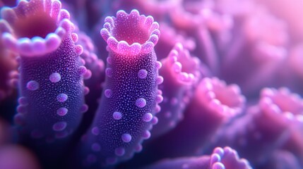 Macro shot of purple and pink coral polyps with intricate textured details