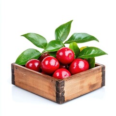 Experience the vibrant taste of fresh acerola fruits beautifully arranged in a rustic wooden box, perfect for a healthy snack.