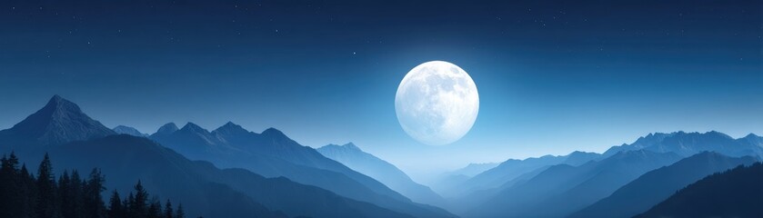 A serene night landscape featuring a bright full moon illuminating distant mountains under a starry sky.