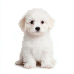 Obraz premium Adorable Maltese poodle puppy sits cutely, fluffy coat shining in the light against a pure white background.