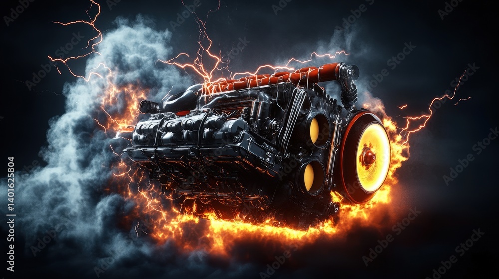 Poster dynamic engine with flames and lightning in dark background
