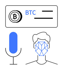 Microphone, face scan graphic, Bitcoin wallet. Ideal for cryptocurrency, biometric security, fintech, voice commands, identity verification AI blockchain. Flat simple metaphor