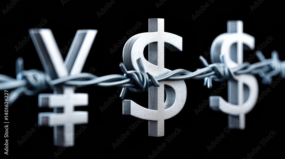 Poster a symbolic representation of currency and finance, featuring metal currency symbols intertwined with