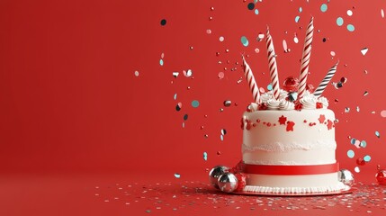 Celebration Cake With Four Candles and Confetti Against a Vibrant Red Background Showcasing a Joyful Festive Atmosphere for a Special Occasion