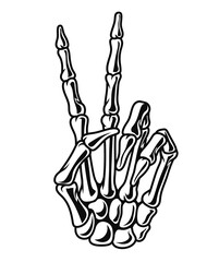 Skeletal hand shows peace sign with fingers on transparent PNG background.  Bone hand shows two fingers. Human bones in the hand. Logo for rock music.