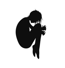 Silhouette of a teenager in the fetal position. A lonely girl lying curled up on a transparent background APG. The concept of suffering and loneliness.