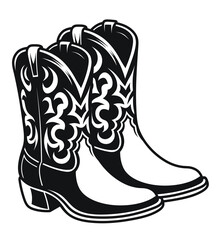 Cowboy boots black and white illustration on transparent PNG background.  Cowboy boots logo with decorative ornamentation. Cowboy boots symbolize American wild west.
