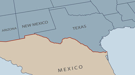 Illustration of the border between the state of texas and mexico is drawn with a red line. The map shows the states of arizona, new mexico, and texas. Concept of emigration from Mexico to the USA © Andrew L