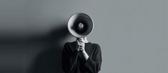 Person holding a megaphone in front of face in a grayscale setting.