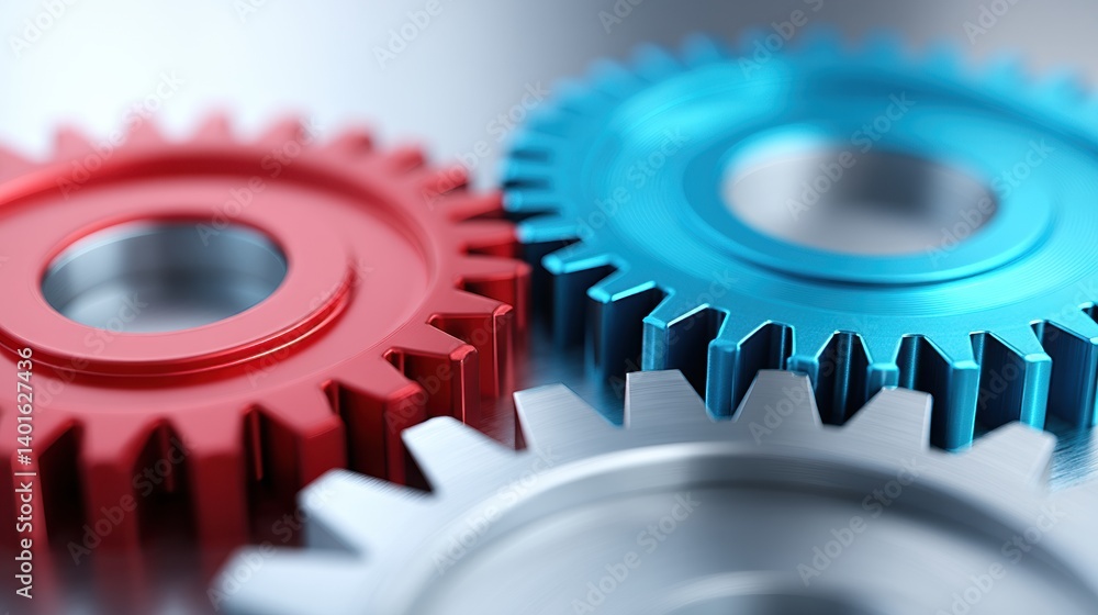 Poster close-up of interlocking red and blue gears, showcasing precision engineering and mechanical design 