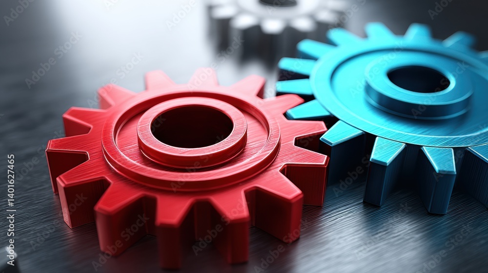 Poster three colorful gears in red and blue arranged on a metallic surface, symbolizing engineering and mec