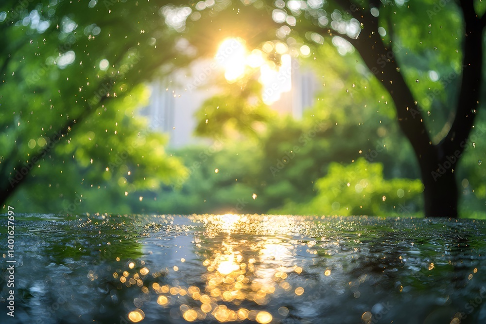 Poster 雨上がりの緑豊かな公園での太陽光の輝きと水面の反射 鮮やかな色合いと自然の美しさ 都市の背景