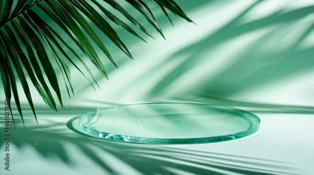 Poster clear glass display stand with soft shadows cast by green palm leaves in a stylish setting during da