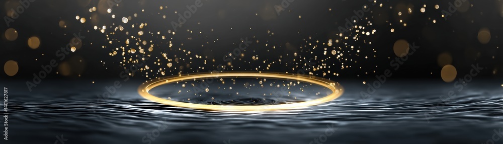 Poster a shimmering circle of light appears above a dark, reflective surface, surrounded by sparkling parti