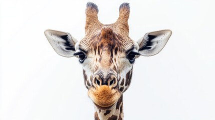 A striking close-up of a giraffe’s face, showcasing its patterned coat and gentle eyes against a plain white background
