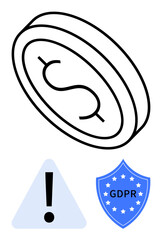 Dollar coin representing money, exclamation triangle as caution, GDPR shield for data security. Ideal for finance, law, compliance, risk, cybersecurity consent regulation. Flat simple metaphor