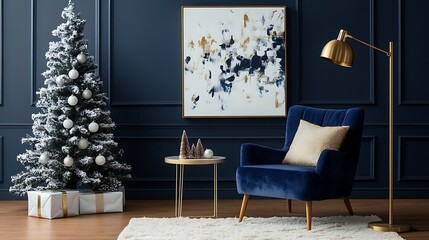 Luxurious living room with a navy blue accent wall decorated for Christmas featuring a beautifully adorned Christmas tree, a chic gold floor lamp, and a stylish armchair with a decorative cushion