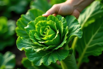 Fototapeta premium Close-up of lush kale being picked, garden setting , organic, healthy