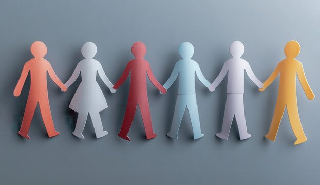 Colorful paper cutouts depicting unity and diversity on a neutral background.